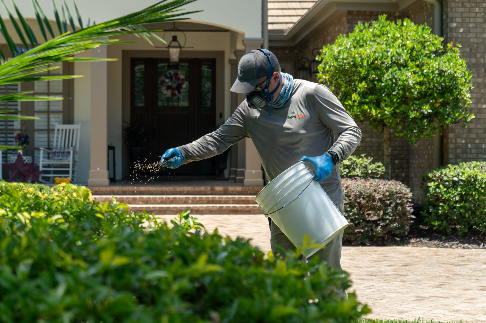 A GreenEdge staff member expertly showering fertilizer onto a lawn in Sarasota. Our professional team ensures even distribution of nutrients to nourish and revitalize the grass. Trust GreenEdge for precise fertilizer applications that promote a healthy and vibrant lawn.